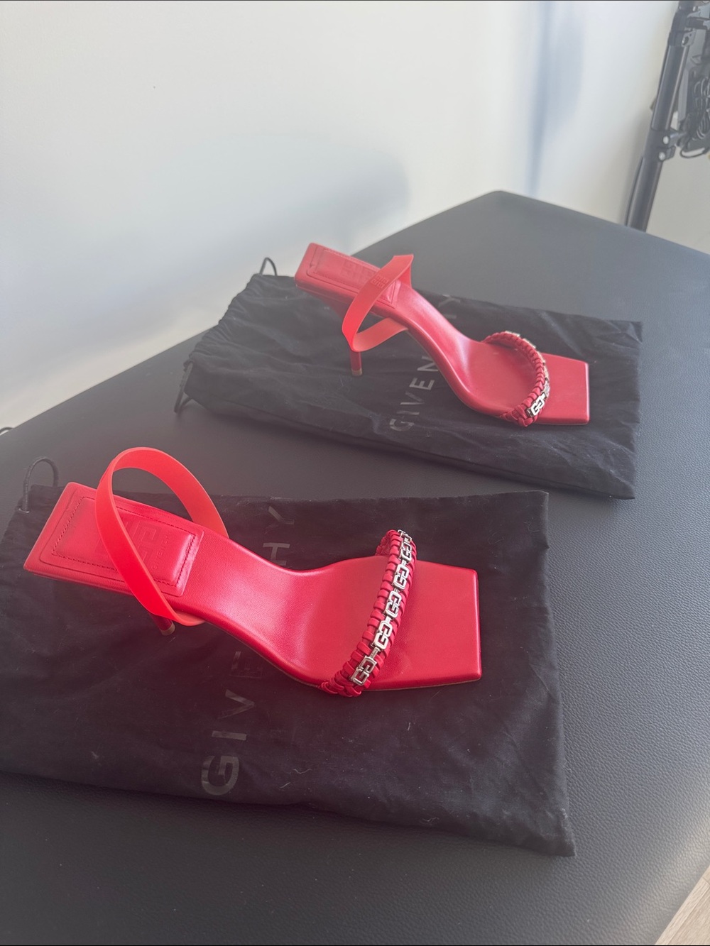 Givenchy Red Chain-Accent Square-Toe Slingback Heels